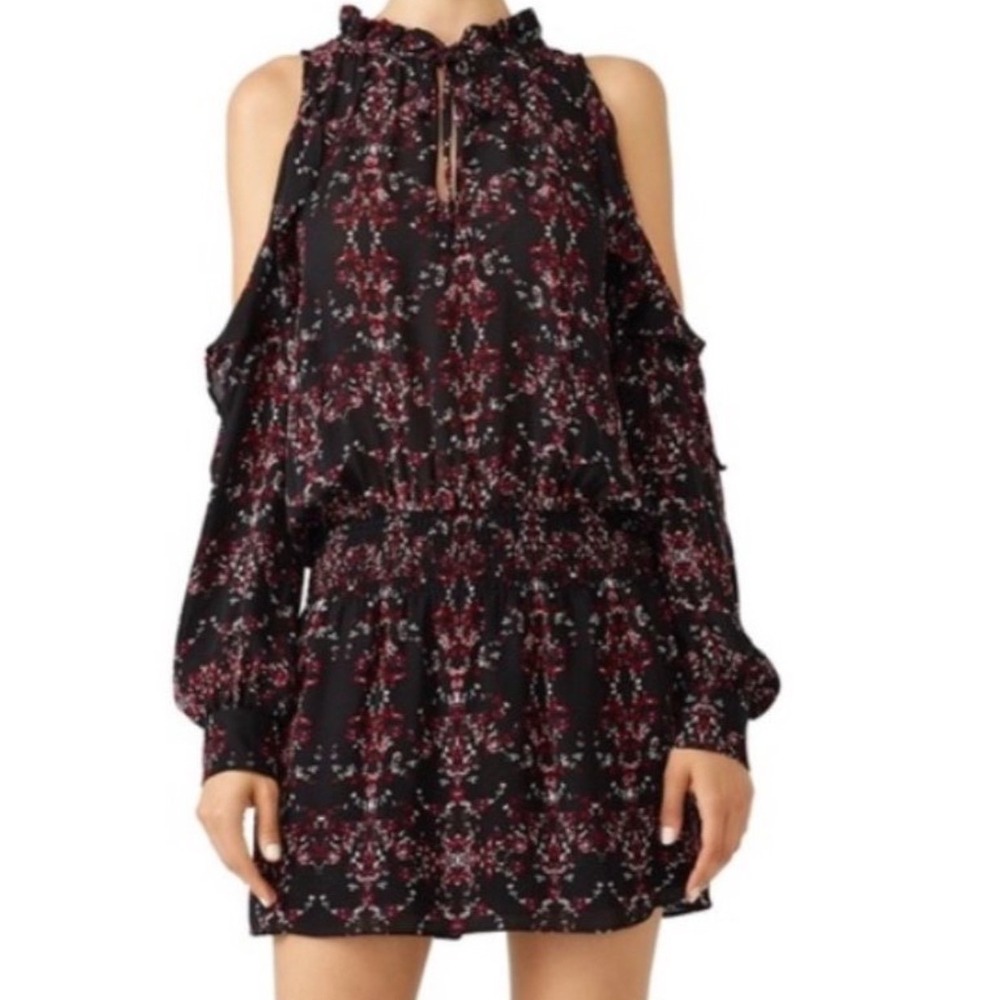 Parker Black Floral Cold Shoulder Ruffle Neck Smocked Waist Mini Dress Size‎ M